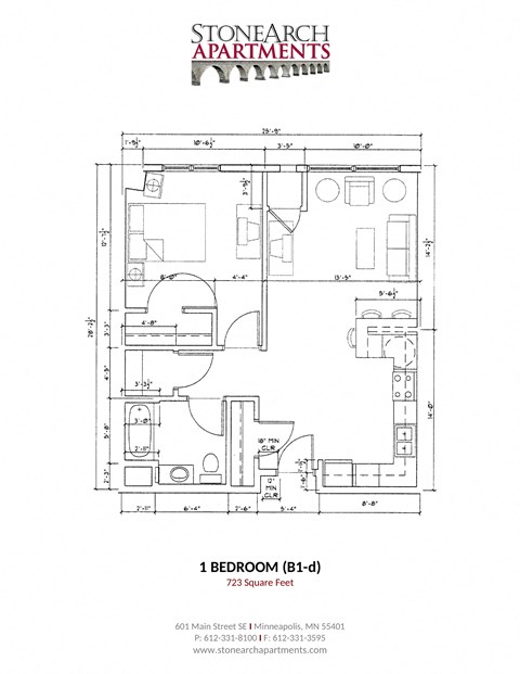 Stone Arch 1 Bedroom Floor Plan (B1-D)